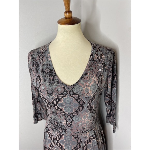Peruvian Connection 3/4 Sleeve V-Neck Grey Paisley Cotton‎ Dress Medium M - Picture 6 of 9